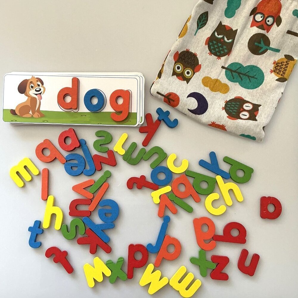 WOODEN ALPHABET LETTERS SPELLING GAME FLASH CARDS MATCHING
